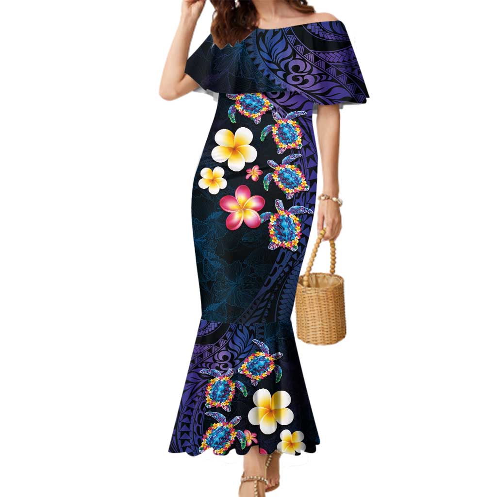 Hawaiian Turtles and Plumeria Family Matching Mermaid Dress and Hawaiian Shirt Polynesian Art Tribal Tattoo Dark Aqua Color