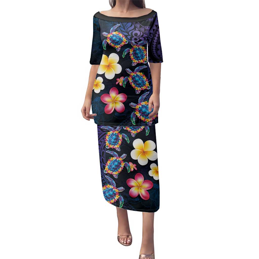 Hawaiian Turtles and Plumeria Family Matching Puletasi and Hawaiian Shirt Polynesian Art Tribal Tattoo Dark Aqua Color