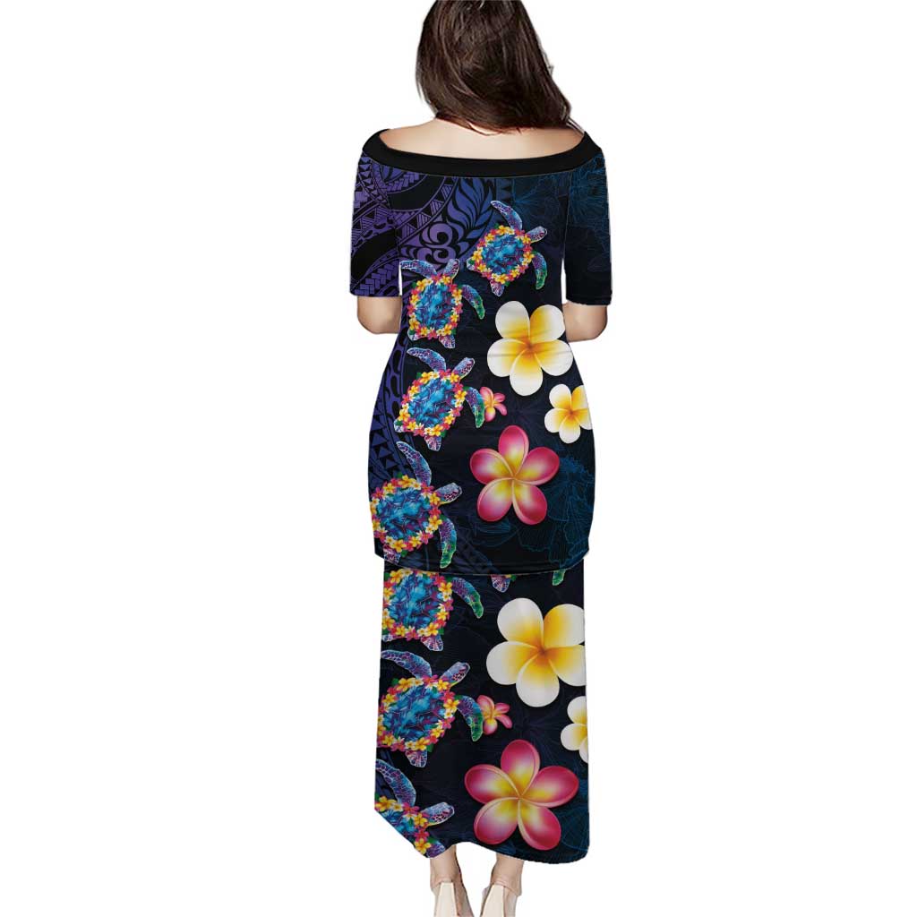 Hawaiian Turtles and Plumeria Puletasi Polynesian Art Tribal Tattoo Dark Aqua Color