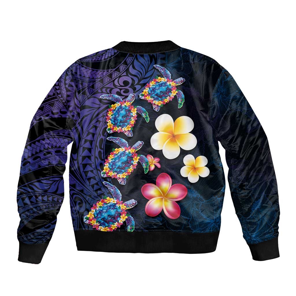 Hawaiian Turtles and Plumeria Sleeve Zip Bomber Jacket Polynesian Art Tribal Tattoo Dark Aqua Color