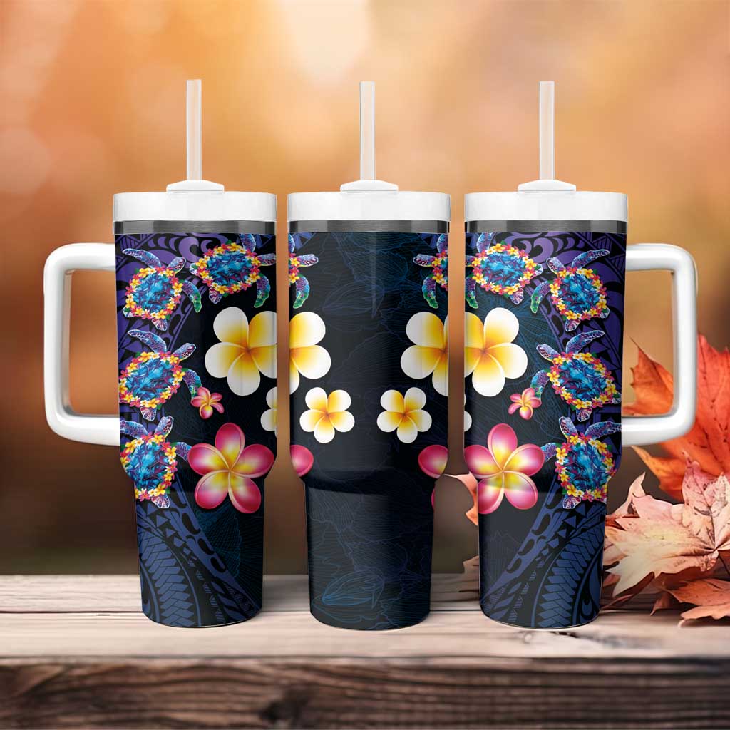 Hawaiian Turtles and Plumeria Tumbler With Handle Polynesian Art Tribal Tattoo Dark Aqua Color