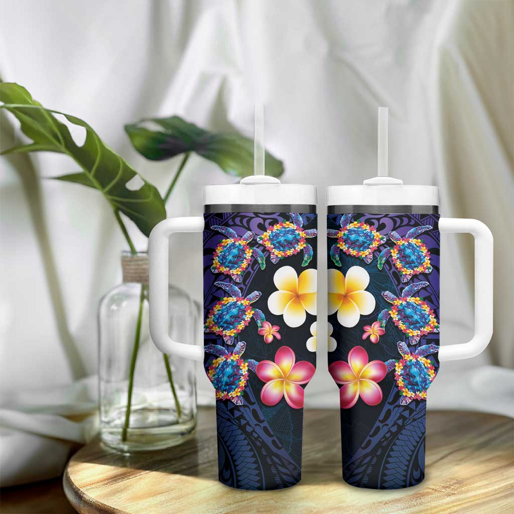 Hawaiian Turtles and Plumeria Tumbler With Handle Polynesian Art Tribal Tattoo Dark Aqua Color