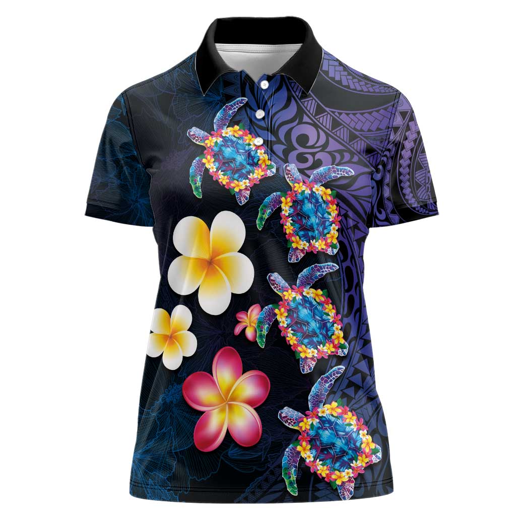 Hawaiian Turtles and Plumeria Women Polo Shirt Polynesian Art Tribal Tattoo Dark Aqua Color