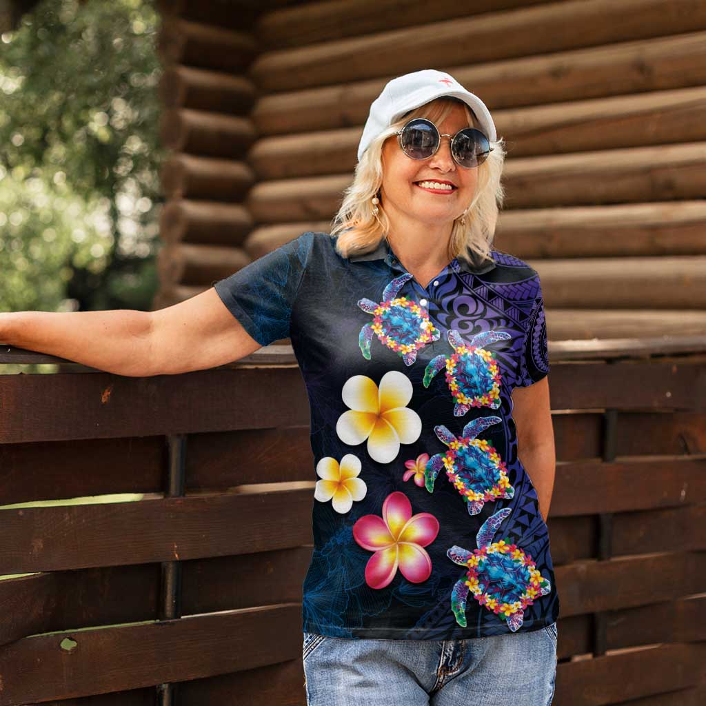 Hawaiian Turtles and Plumeria Women Polo Shirt Polynesian Art Tribal Tattoo Dark Aqua Color