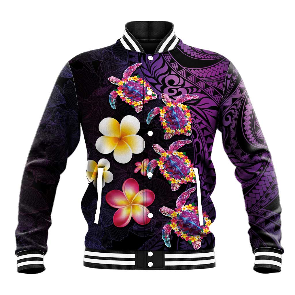 Hawaiian Turtles and Plumeria Baseball Jacket Polynesian Art Tribal Tattoo Deep Violet Color LT03 Unisex Purple - Polynesian Pride