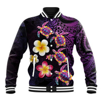 Hawaiian Turtles and Plumeria Baseball Jacket Polynesian Art Tribal Tattoo Deep Violet Color LT03 Unisex Purple - Polynesian Pride