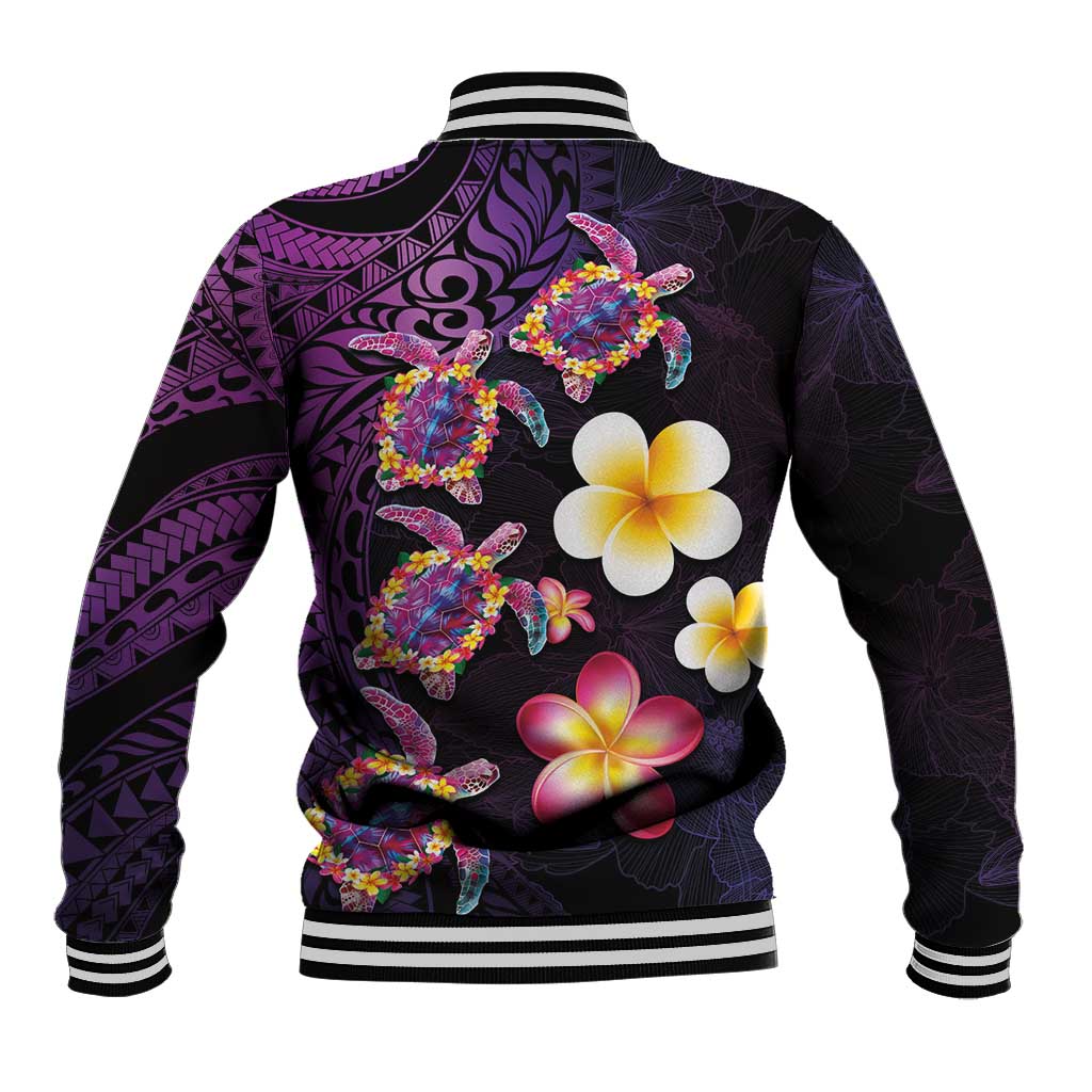 Hawaiian Turtles and Plumeria Baseball Jacket Polynesian Art Tribal Tattoo Deep Violet Color LT03 - Polynesian Pride