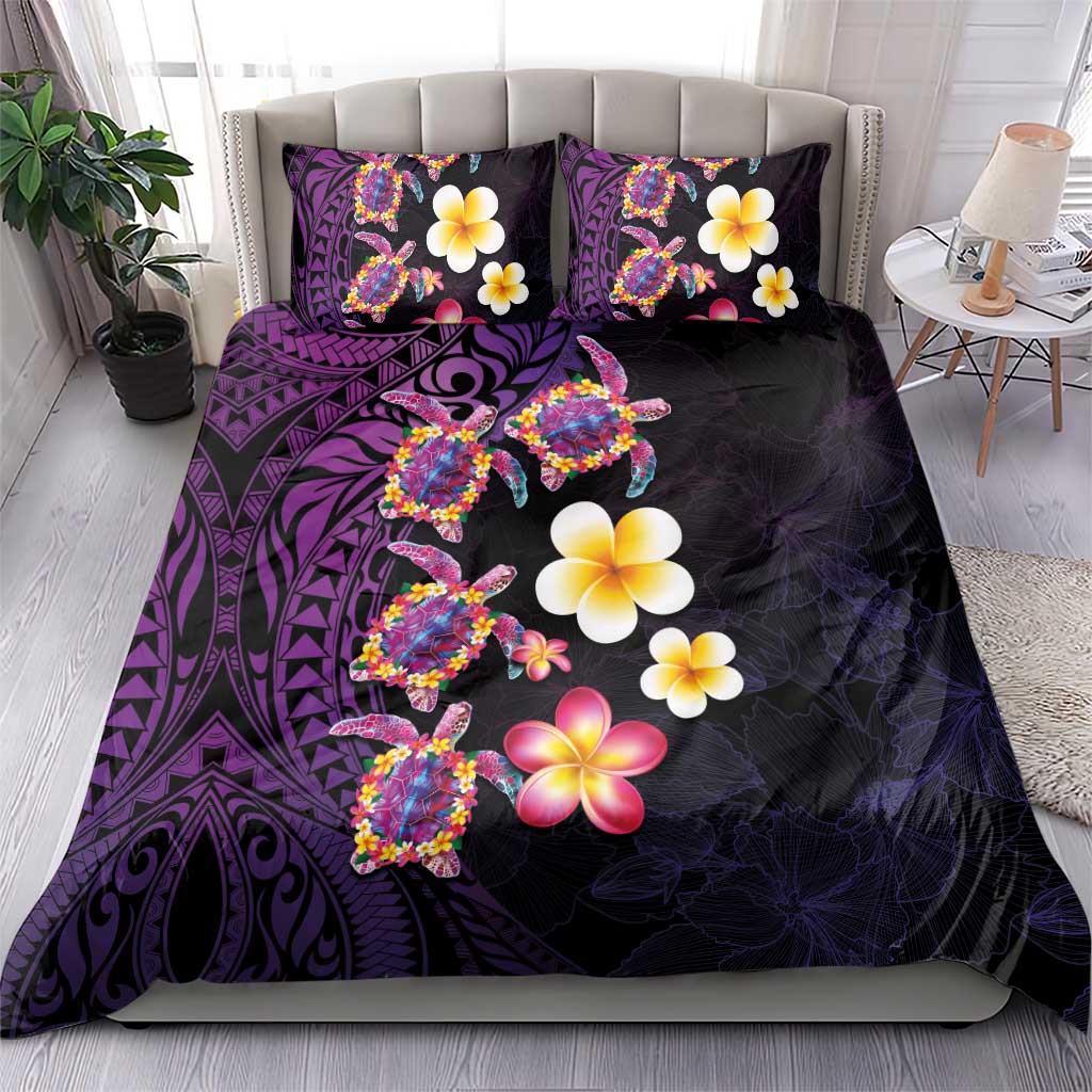 Hawaiian Turtles and Plumeria Bedding Set Polynesian Art Tribal Tattoo Deep Violet Color LT03 - Polynesian Pride