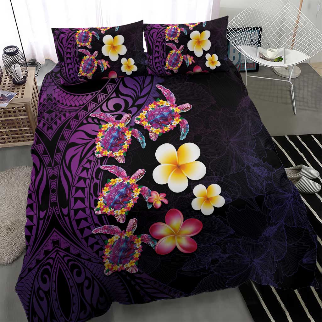 Hawaiian Turtles and Plumeria Bedding Set Polynesian Art Tribal Tattoo Deep Violet Color LT03 - Polynesian Pride