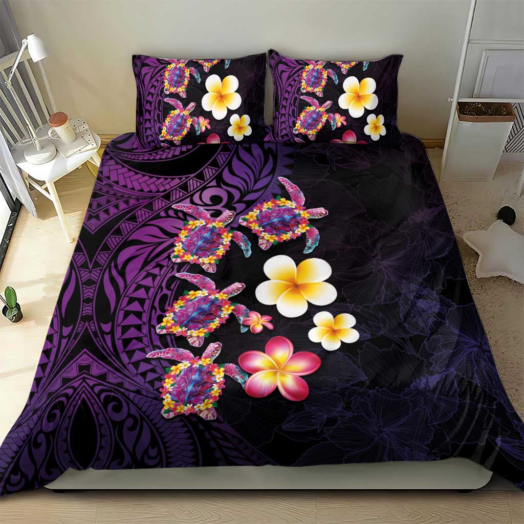 Hawaiian Turtles and Plumeria Bedding Set Polynesian Art Tribal Tattoo Deep Violet Color LT03 - Polynesian Pride
