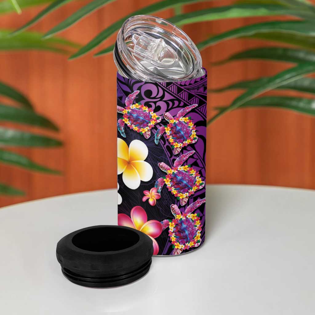 Hawaiian Turtles and Plumeria 4 in 1 Can Cooler Tumbler Polynesian Art Tribal Tattoo Deep Violet Color