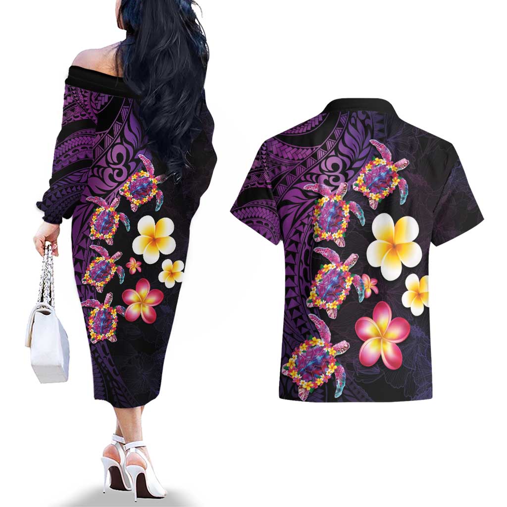 Hawaiian Turtles and Plumeria Couples Matching Off The Shoulder Long Sleeve Dress and Hawaiian Shirt Polynesian Art Tribal Tattoo Deep Violet Color