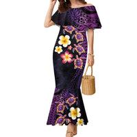 Hawaiian Turtles and Plumeria Family Matching Mermaid Dress and Hawaiian Shirt Polynesian Art Tribal Tattoo Deep Violet Color