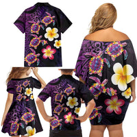 Hawaiian Turtles and Plumeria Family Matching Off Shoulder Short Dress and Hawaiian Shirt Polynesian Art Tribal Tattoo Deep Violet Color