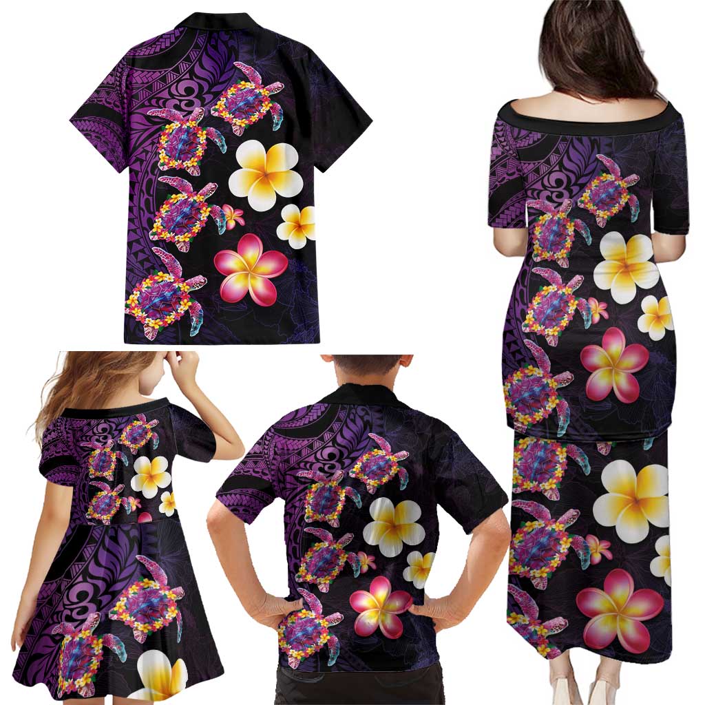 Hawaiian Turtles and Plumeria Family Matching Puletasi and Hawaiian Shirt Polynesian Art Tribal Tattoo Deep Violet Color