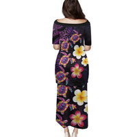 Hawaiian Turtles and Plumeria Family Matching Puletasi and Hawaiian Shirt Polynesian Art Tribal Tattoo Deep Violet Color