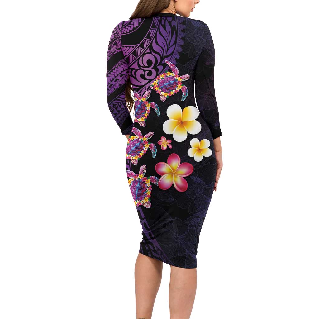 Hawaiian Turtles and Plumeria Long Sleeve Bodycon Dress Polynesian Art Tribal Tattoo Deep Violet Color