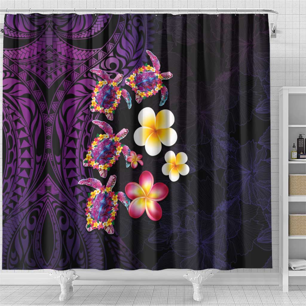 Hawaiian Turtles and Plumeria Shower Curtain Polynesian Art Tribal Tattoo Deep Violet Color