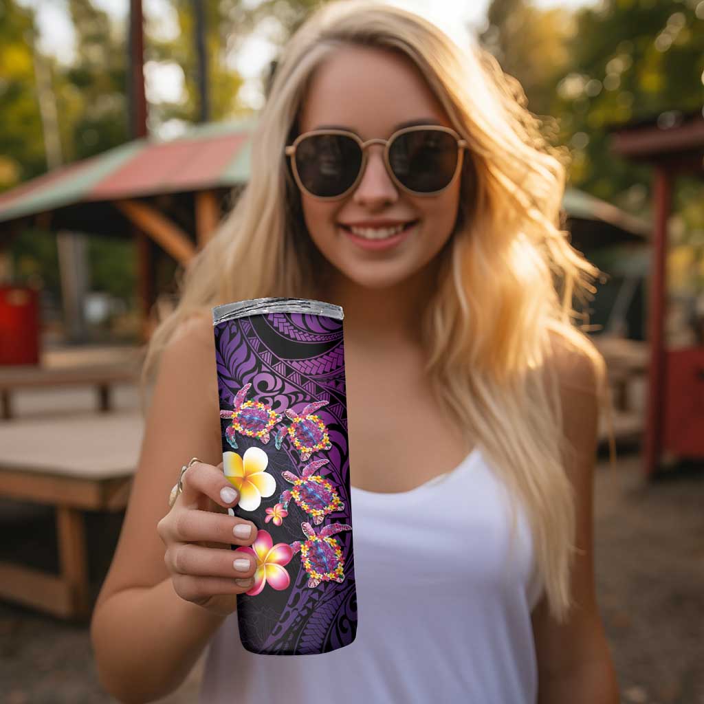 Hawaiian Turtles and Plumeria Skinny Tumbler Polynesian Art Tribal Tattoo Deep Violet Color
