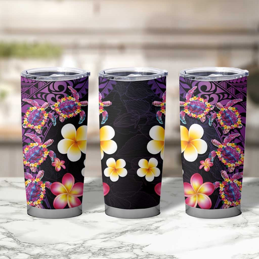 Hawaiian Turtles and Plumeria Tumbler Cup Polynesian Art Tribal Tattoo Deep Violet Color