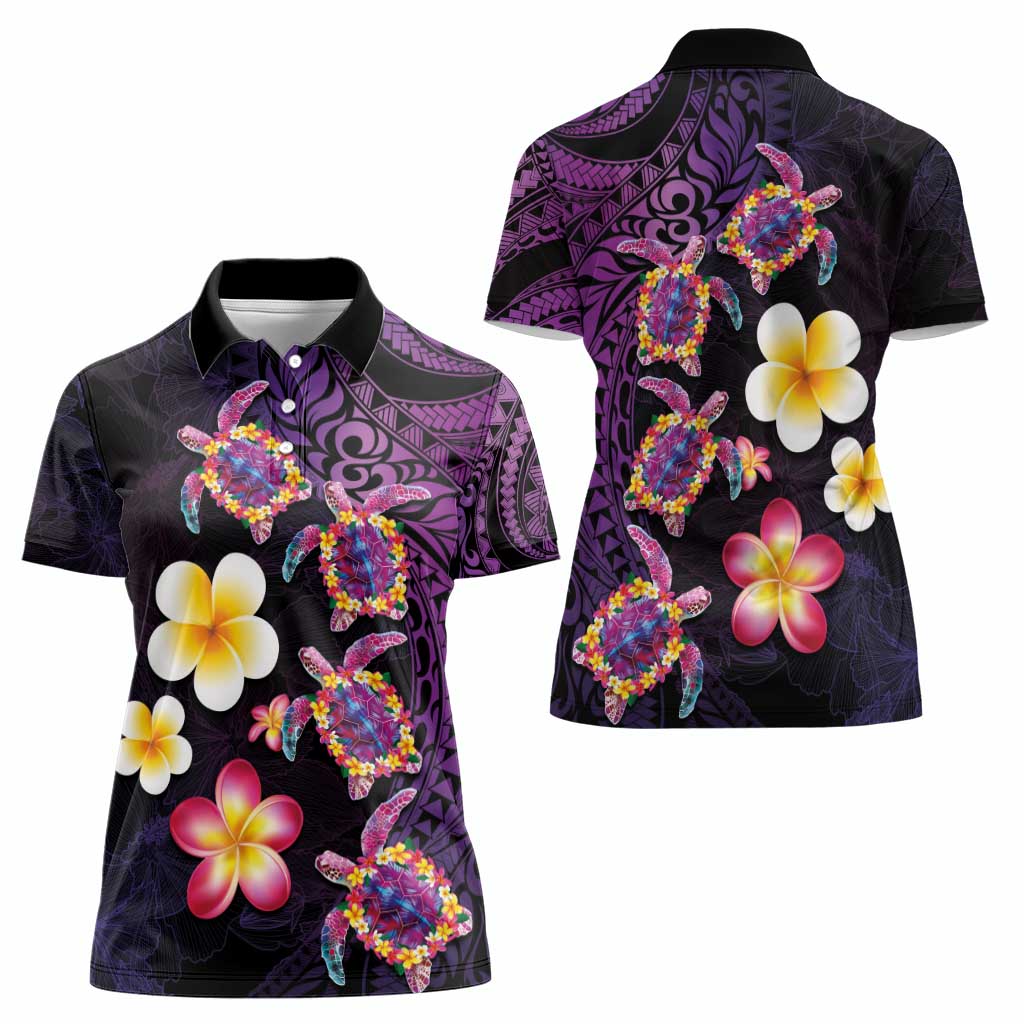 Hawaiian Turtles and Plumeria Women Polo Shirt Polynesian Art Tribal Tattoo Deep Violet Color