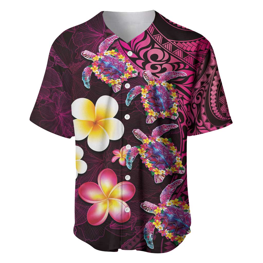 Hawaiian Turtles and Plumeria Baseball Jersey Polynesian Art Tribal Tattoo Cerise LT03 Pink - Polynesian Pride