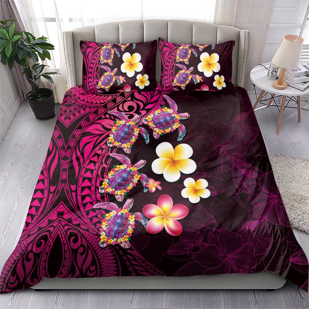 Hawaiian Turtles and Plumeria Bedding Set Polynesian Art Tribal Tattoo Cerise LT03 - Polynesian Pride