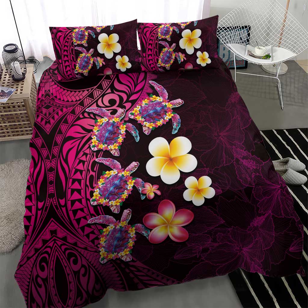 Hawaiian Turtles and Plumeria Bedding Set Polynesian Art Tribal Tattoo Cerise LT03 - Polynesian Pride