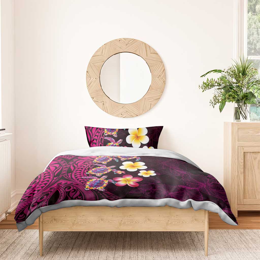 Hawaiian Turtles and Plumeria Bedding Set Polynesian Art Tribal Tattoo Cerise LT03 - Polynesian Pride