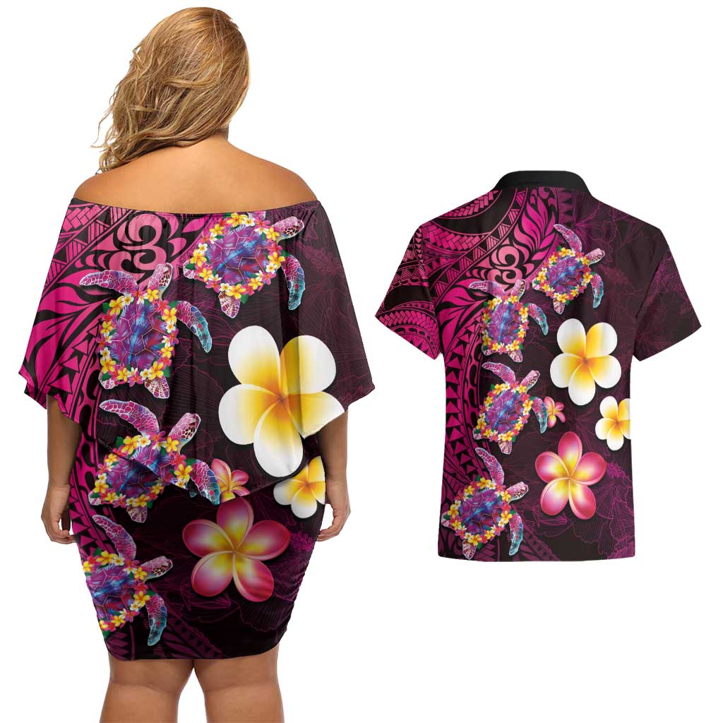 Hawaiian Turtles and Plumeria Couples Matching Off Shoulder Short Dress and Hawaiian Shirt Polynesian Art Tribal Tattoo Cerise