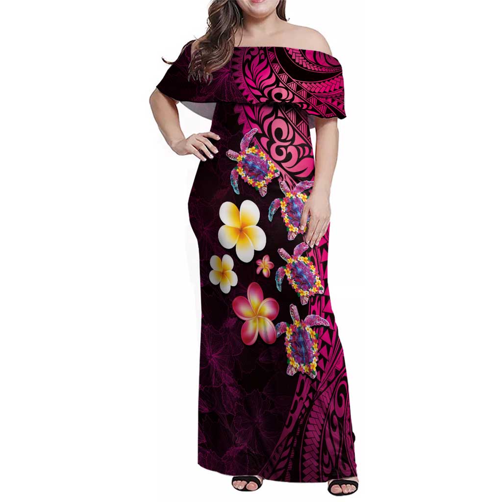 Hawaiian Turtles and Plumeria Family Matching Off Shoulder Maxi Dress and Hawaiian Shirt Polynesian Art Tribal Tattoo Cerise