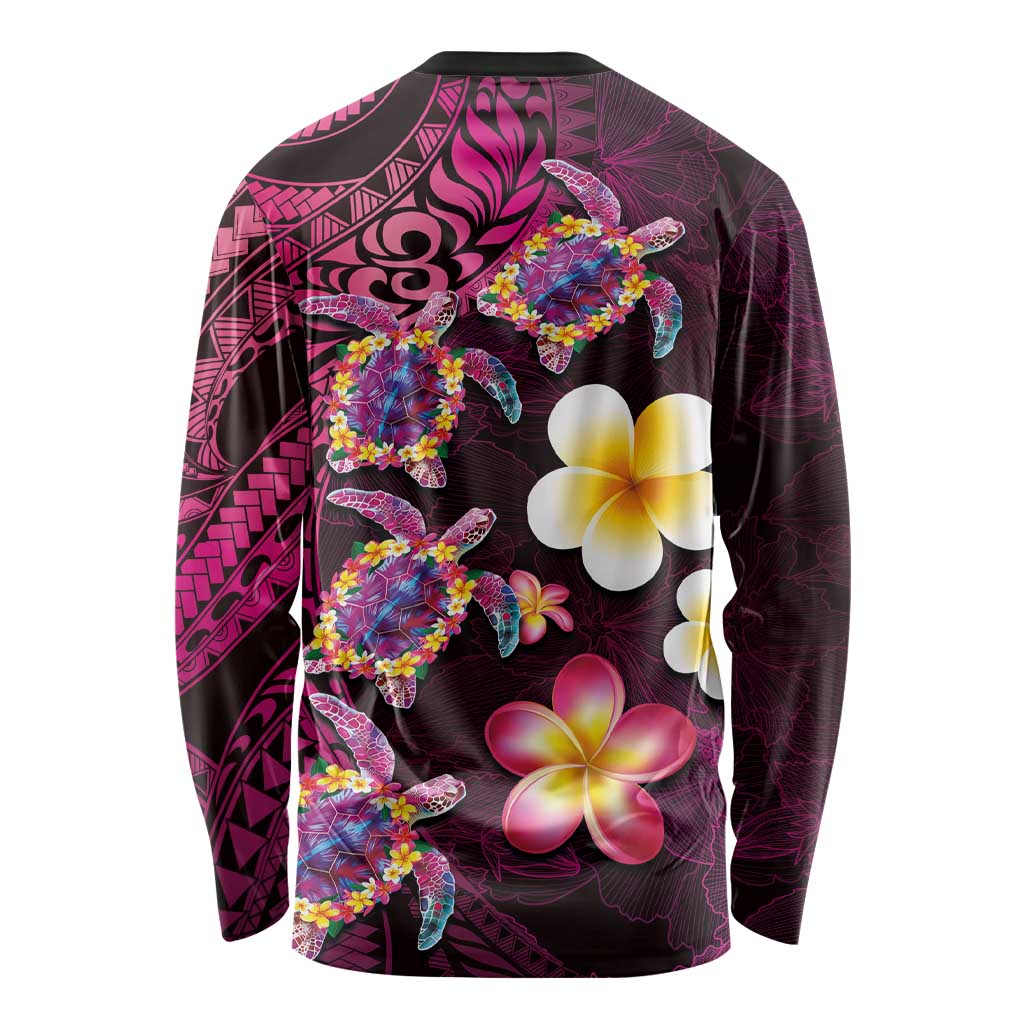 Hawaiian Turtles and Plumeria Long Sleeve Shirt Polynesian Art Tribal Tattoo Cerise