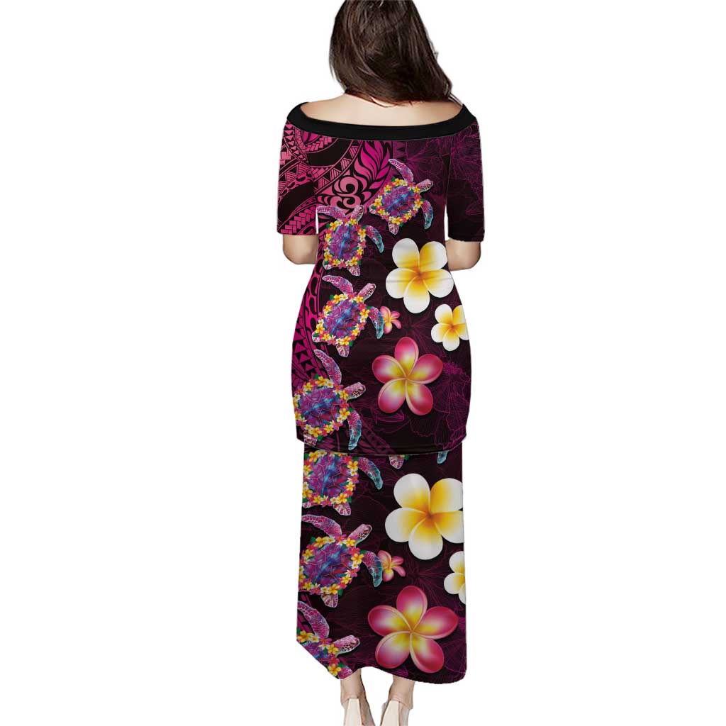 Hawaiian Turtles and Plumeria Puletasi Polynesian Art Tribal Tattoo Cerise