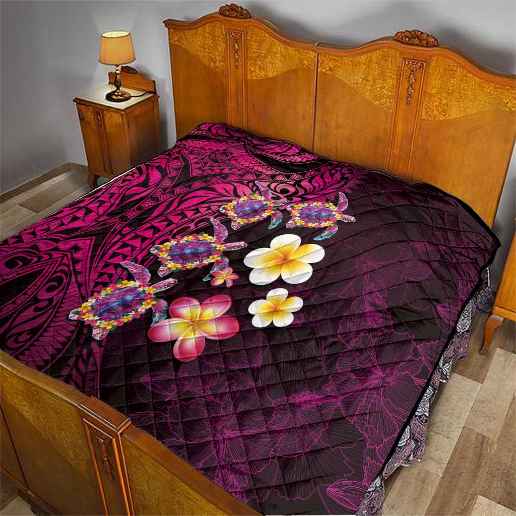 Hawaiian Turtles and Plumeria Quilt Polynesian Art Tribal Tattoo Cerise