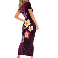 Hawaiian Turtles and Plumeria Short Sleeve Bodycon Dress Polynesian Art Tribal Tattoo Cerise