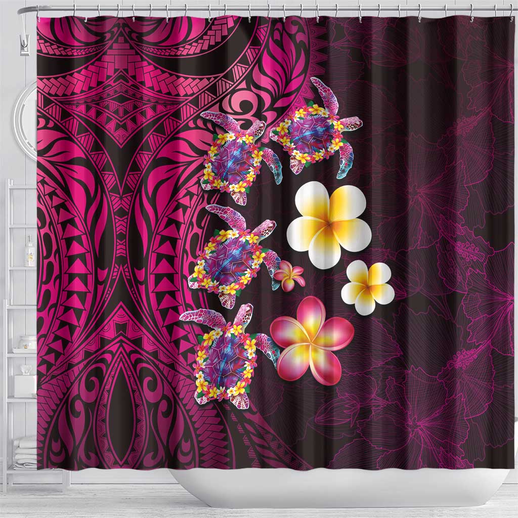 Hawaiian Turtles and Plumeria Shower Curtain Polynesian Art Tribal Tattoo Cerise