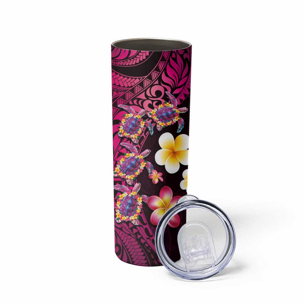 Hawaiian Turtles and Plumeria Skinny Tumbler Polynesian Art Tribal Tattoo Cerise