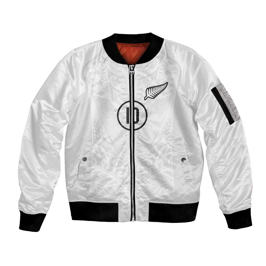 Custom New Zealand Football Sleeve Zip Bomber Jacket The Whites-Sporty T90 Style LT03 Unisex White - Polynesian Pride
