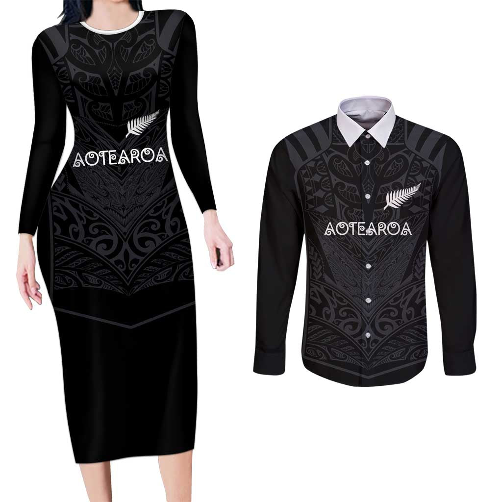 Custom Aotearoa Rugby Couples Matching Long Sleeve Bodycon Dress and Long Sleeve Button Shirt The Blacks-Sporty T90 Style LT03 Black - Polynesian Pride
