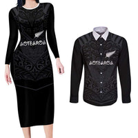 Custom Aotearoa Rugby Couples Matching Long Sleeve Bodycon Dress and Long Sleeve Button Shirt The Blacks-Sporty T90 Style LT03 Black - Polynesian Pride