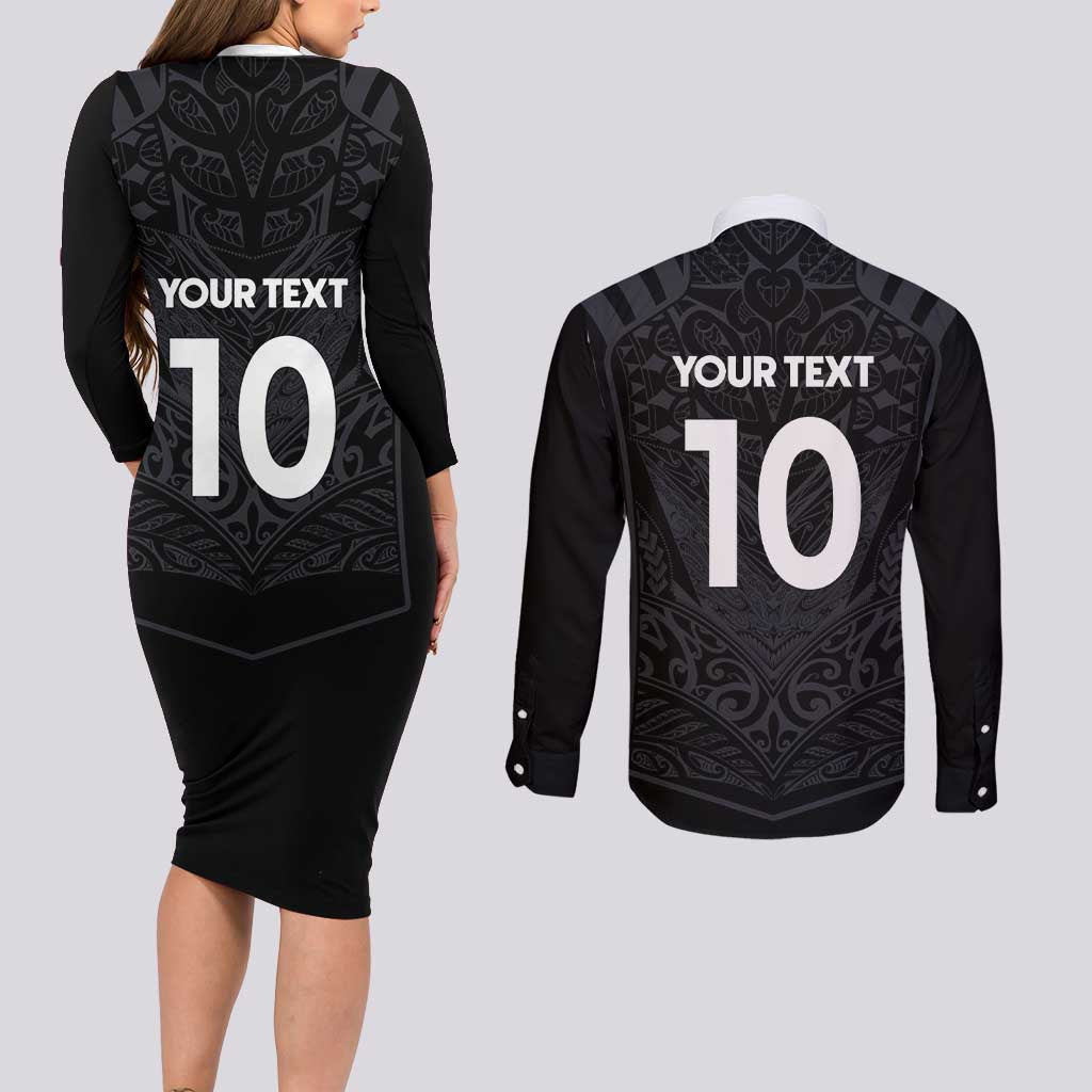 Custom Aotearoa Rugby Couples Matching Long Sleeve Bodycon Dress and Long Sleeve Button Shirt The Blacks-Sporty T90 Style LT03 - Polynesian Pride