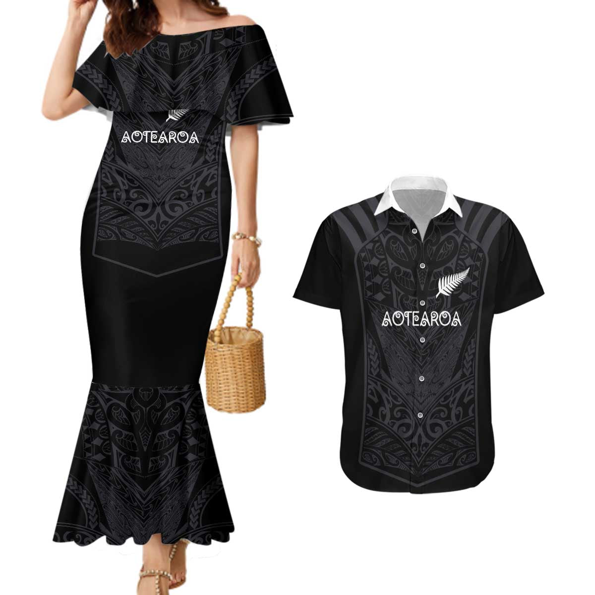 Custom Aotearoa Rugby Couples Matching Mermaid Dress and Hawaiian Shirt The Blacks-Sporty T90 Style LT03 Black - Polynesian Pride