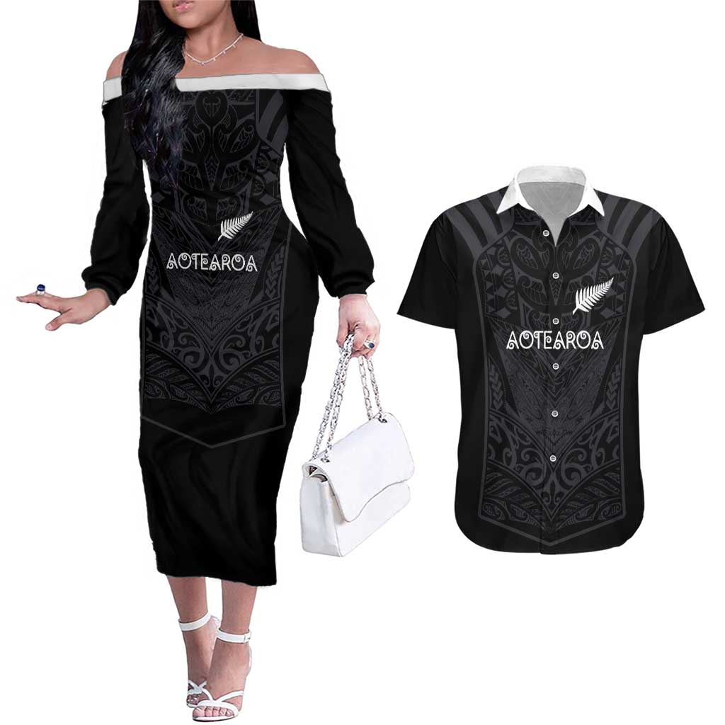 Custom Aotearoa Rugby Couples Matching Off The Shoulder Long Sleeve Dress and Hawaiian Shirt The Blacks-Sporty T90 Style - Polynesian Pride