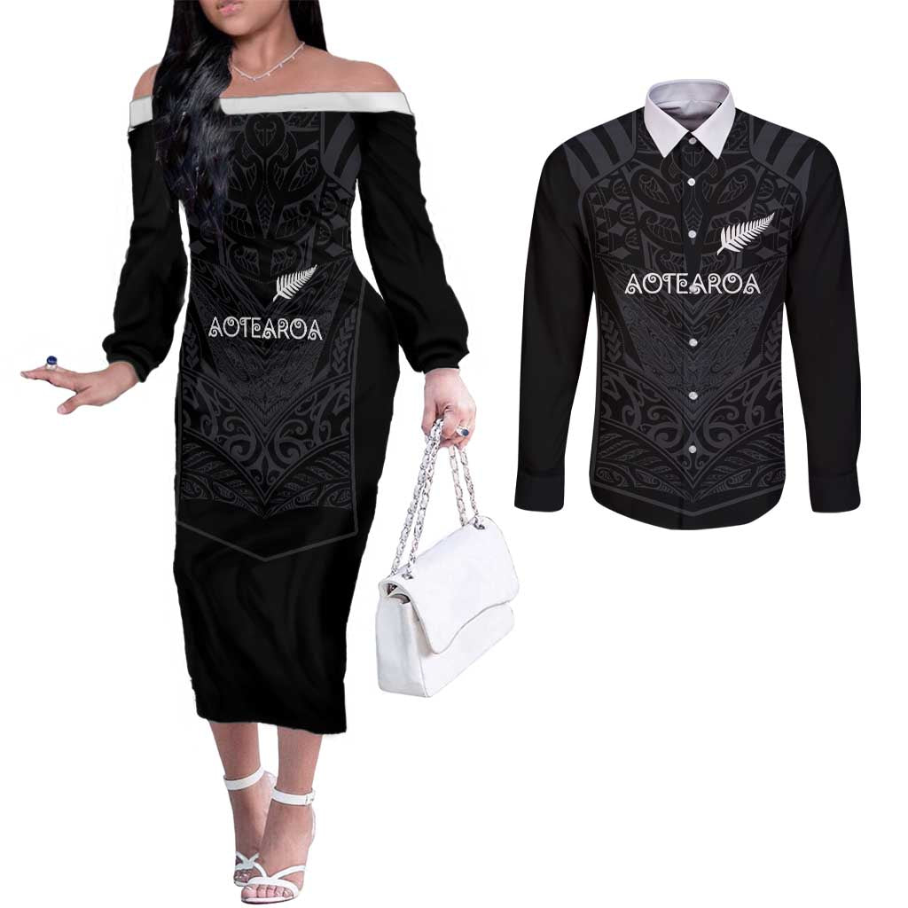 Custom Aotearoa Rugby Couples Matching Off The Shoulder Long Sleeve Dress and Long Sleeve Button Shirt The Blacks-Sporty T90 Style - Polynesian Pride