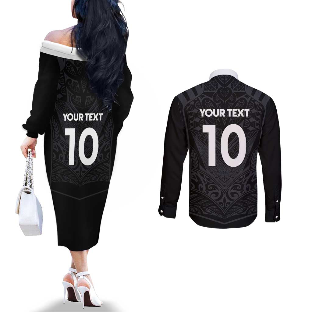 Custom Aotearoa Rugby Couples Matching Off The Shoulder Long Sleeve Dress and Long Sleeve Button Shirt The Blacks-Sporty T90 Style - Polynesian Pride