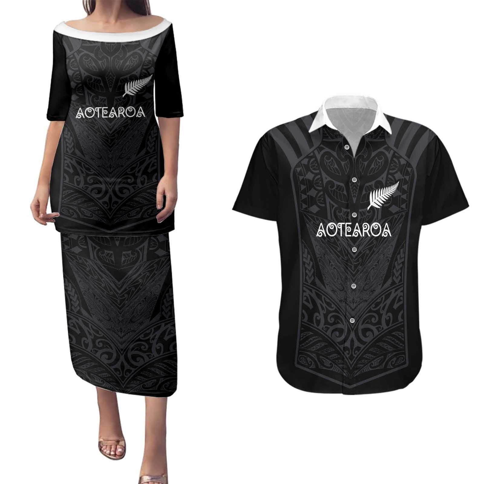 Custom Aotearoa Rugby Couples Matching Puletasi and Hawaiian Shirt The Blacks-Sporty T90 Style - Polynesian Pride