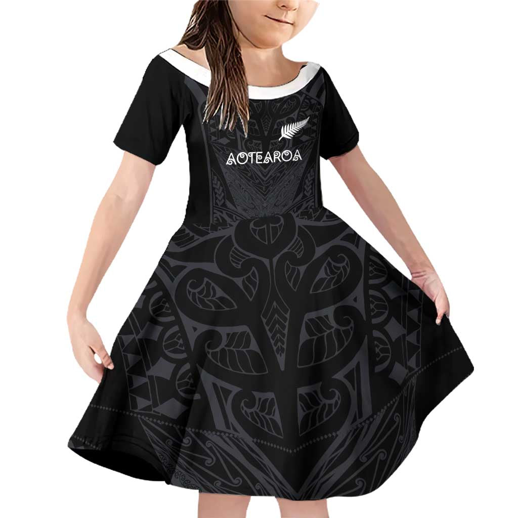 Custom Aotearoa Rugby Family Matching Off Shoulder Short Dress and Hawaiian Shirt The Blacks-Sporty T90 Style LT03 Daughter's Dress Black - Polynesian Pride
