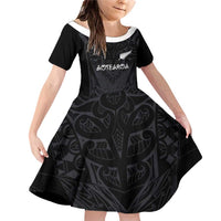 Custom Aotearoa Rugby Family Matching Off Shoulder Short Dress and Hawaiian Shirt The Blacks-Sporty T90 Style LT03 Daughter's Dress Black - Polynesian Pride