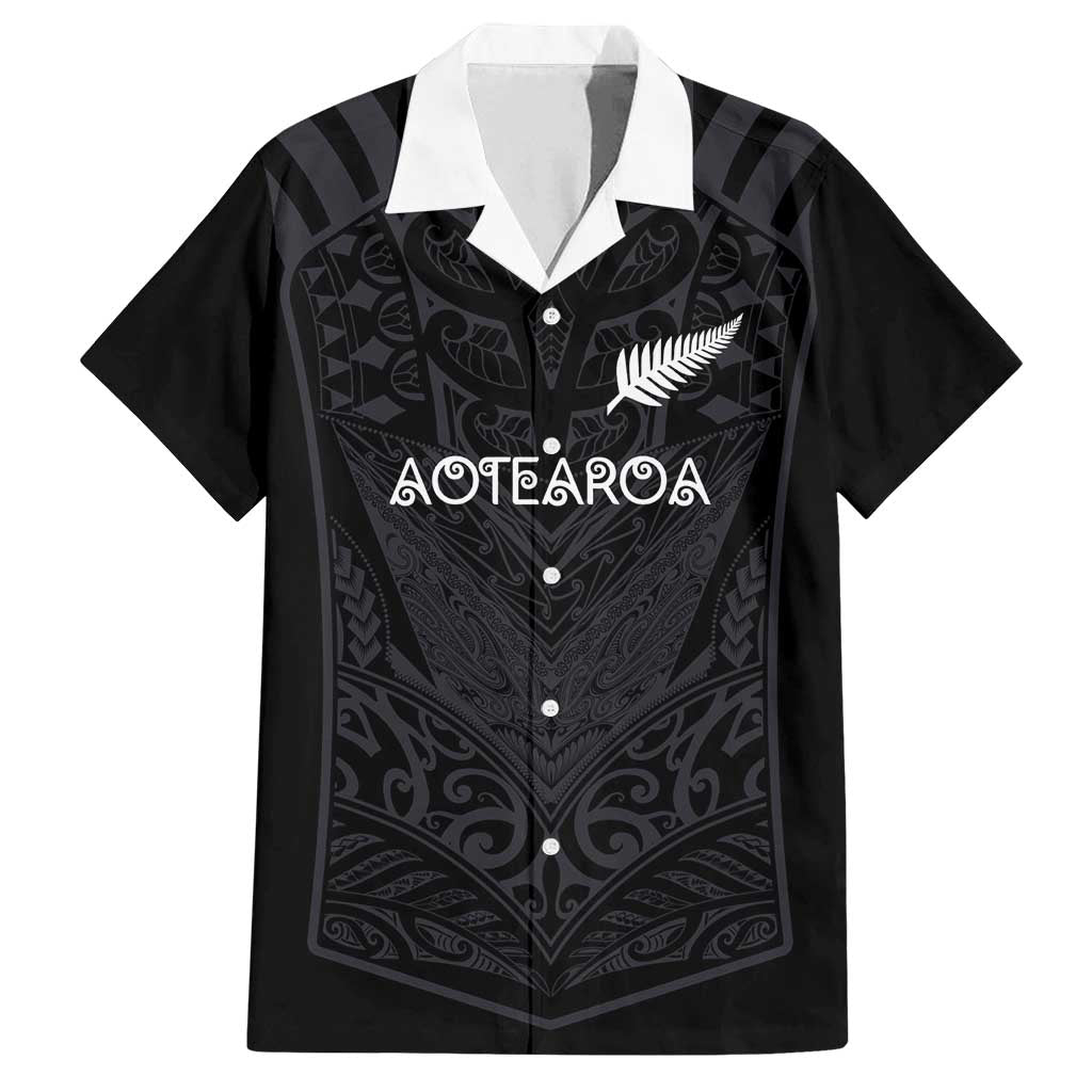 Custom Aotearoa Rugby Family Matching Off Shoulder Short Dress and Hawaiian Shirt The Blacks-Sporty T90 Style LT03 Dad's Shirt - Short Sleeve Black - Polynesian Pride