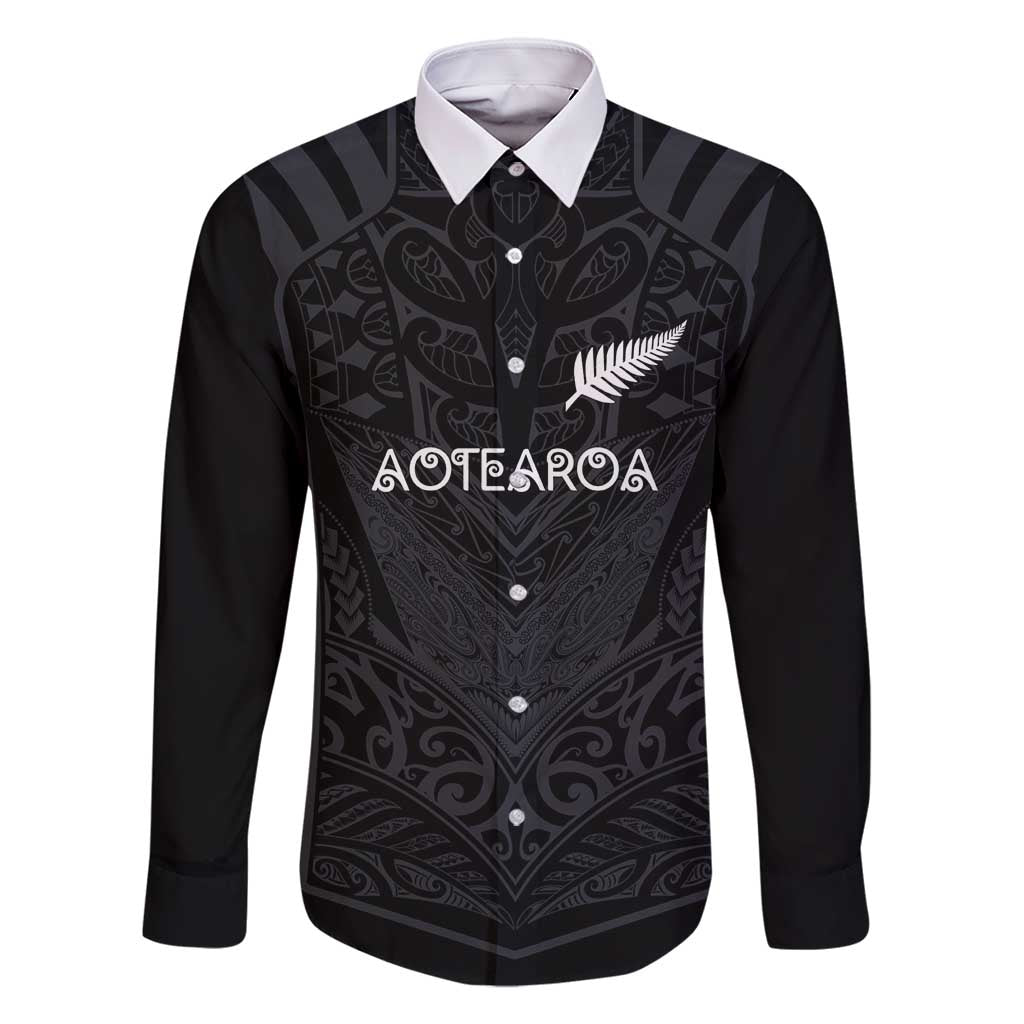 Custom Aotearoa Rugby Family Matching Off Shoulder Short Dress and Hawaiian Shirt The Blacks-Sporty T90 Style LT03 Dad's Shirt - Long Sleeve Black - Polynesian Pride